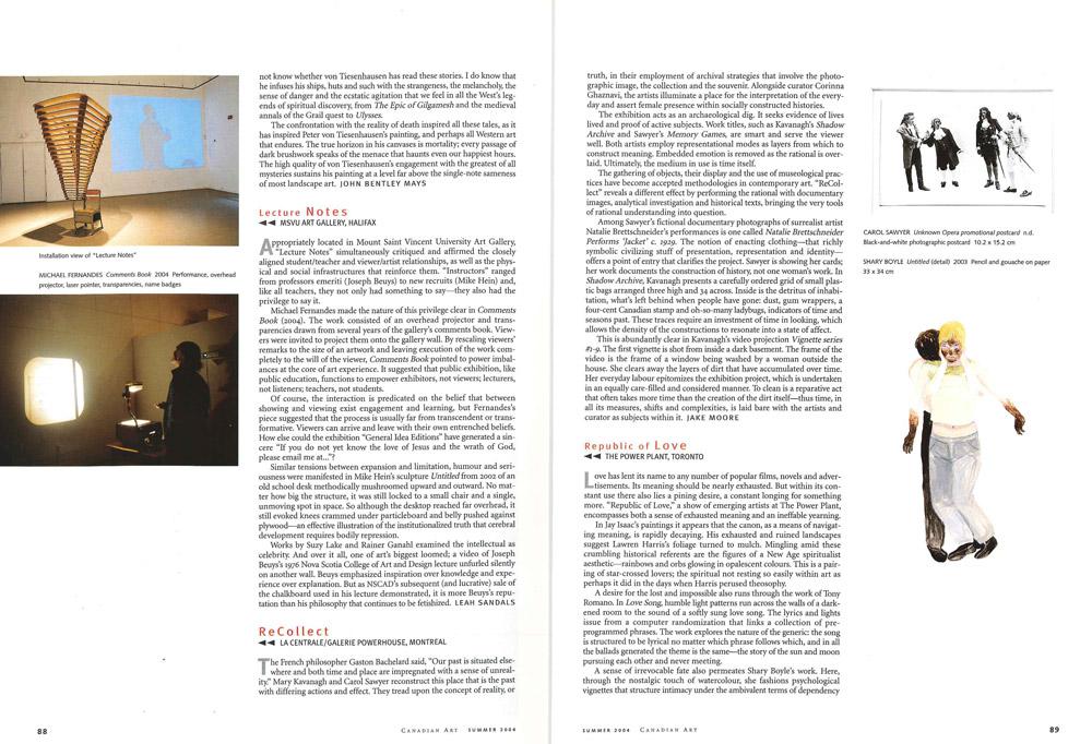 Spread from the Reviews section, Summer 2004 issue of <em>Canadian Art</em>