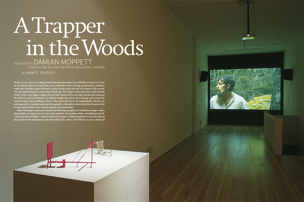 Opening spread of “A Trapper in the Woods” by Nancy Tousley, from the Spring 2008 issue of <em>Canadian Art</em>.