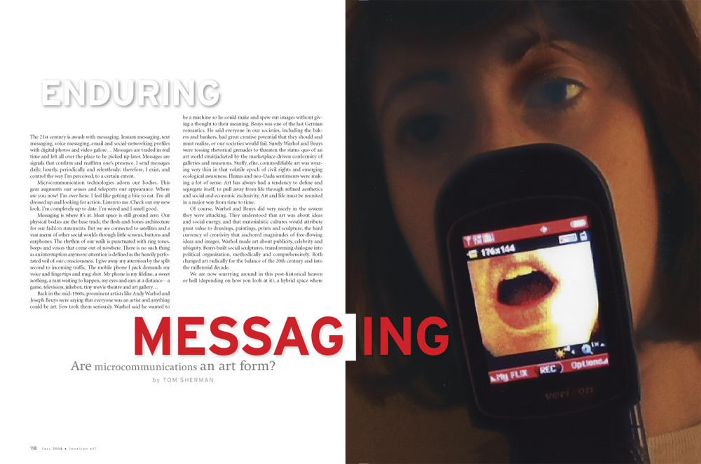 Opening spread for “Enduring Messaging” in the Fall 2008 issue of <em>Canadian Art</em>