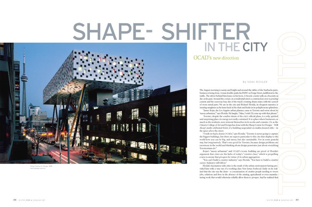 Opening spread for “Shape-Shifter in the City” from the Winter 2008 issue of <em>Canadian Art</em>