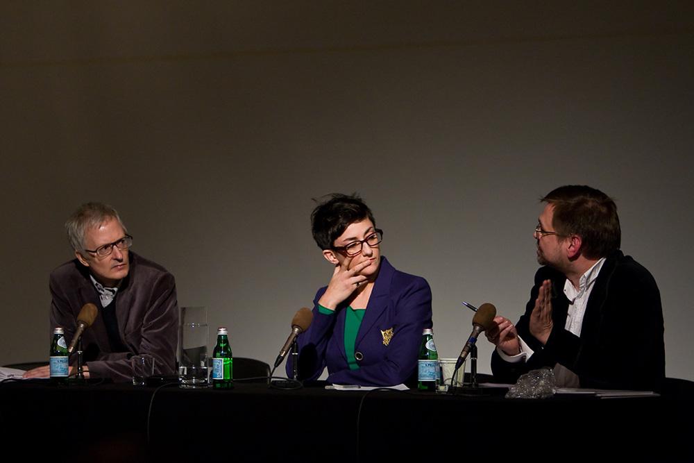 The Saturday afternoon panel at the Judgment and Contemporary Art Criticism symposium (from left) Jeff Derksen, Maria Fusco &amp; Diedrich Diederichsen / photo Blaine Campbell