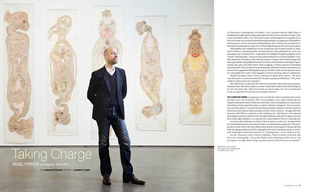 Opening spread for "Taking Charge," by Hadani Ditmars, <em>Canadian Art</em>, Summer 2012, pp 82–5 / photo Hubert Kang 