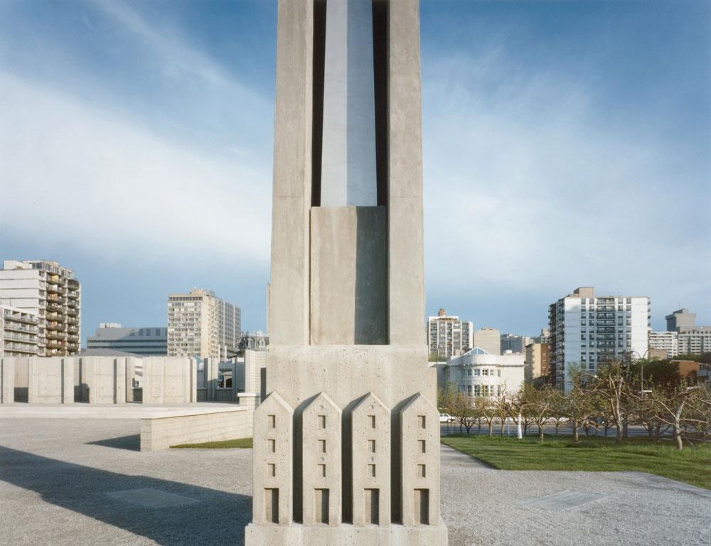 Robert Burley <em>The Canadian Centre for Architecture Garden by Melvin Charney: View of the Obelisk-Chimney Allegorical Column showing the Arcade, the Orchard, and the Alcan Wing in the background</em>, 1990 Courtesy the CCA © Robert Burley