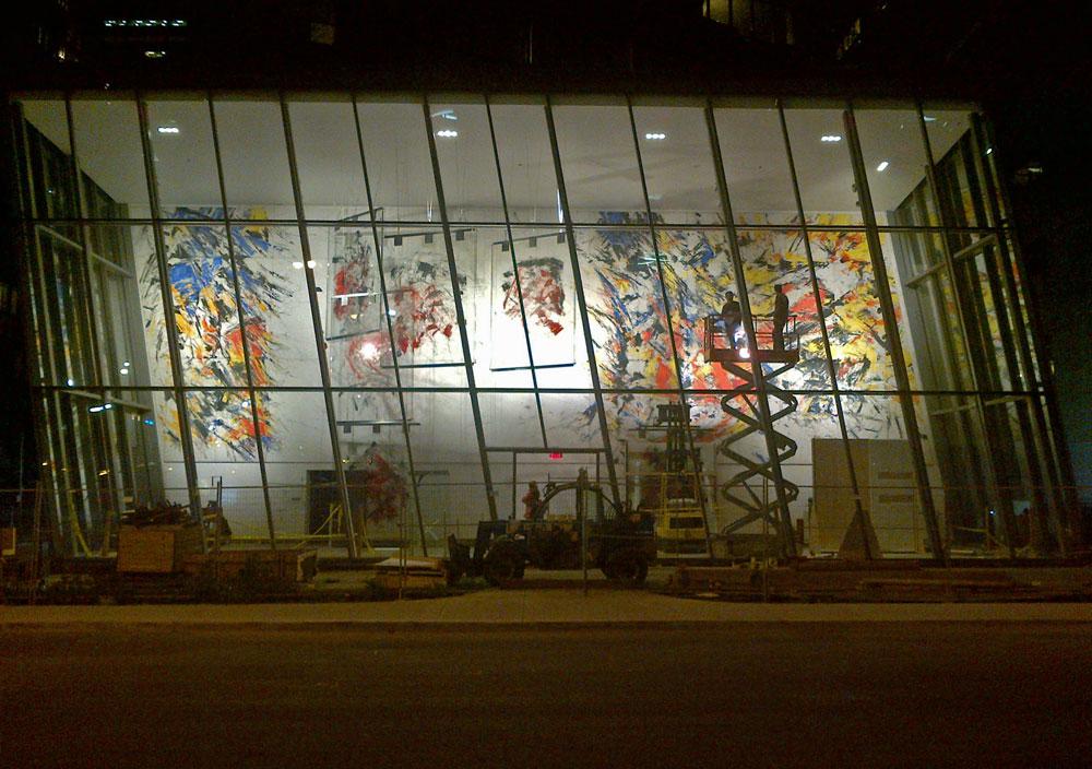 A view of Sandro Martini's installation in progress at night.
