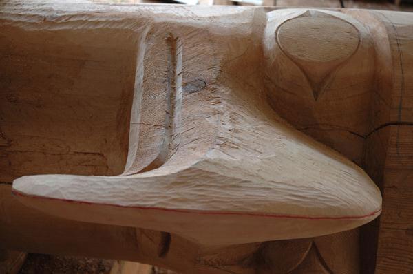 The Kulus in the process of being carved; the curve of its beak is one of the most difficult parts of the totem pole to execute.
