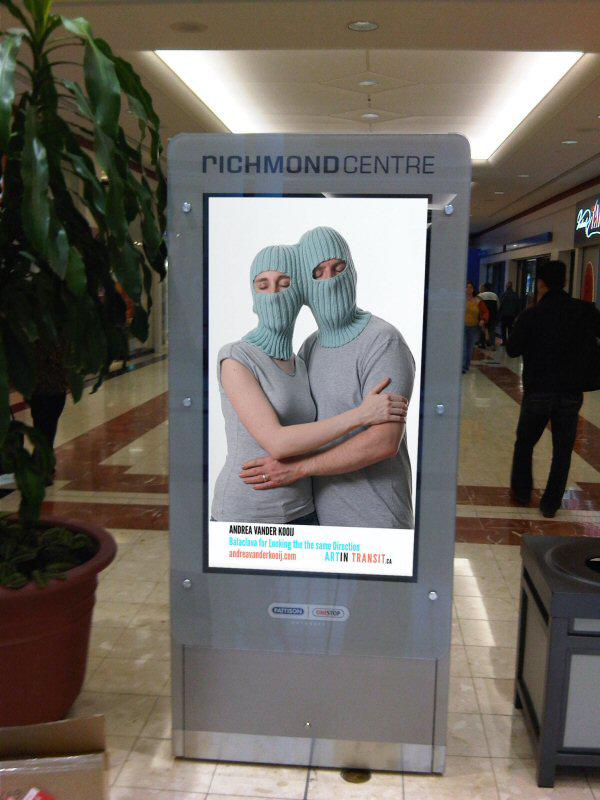 <em>Balaclava for Looking in the same Direction</em> by Andrea Vander Kooij, part of the “Art Twist: Greatest Hits” project now on display in malls across Canada via video screens.