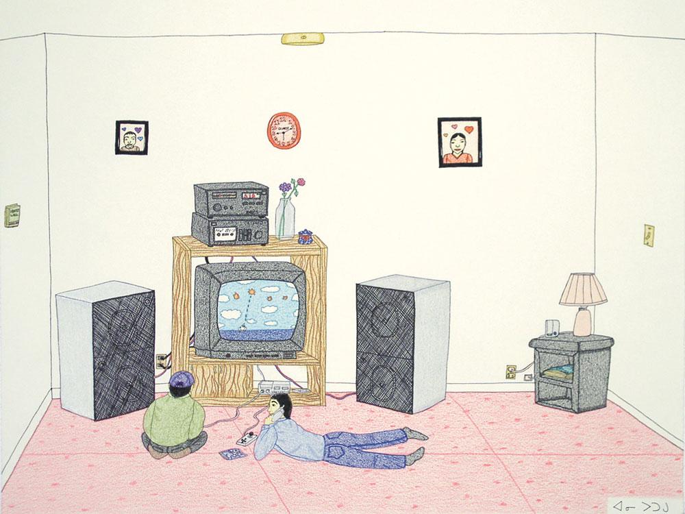Annie Pootoogook, <em>Playing Super Nintendo</em>, 2003–4. Courtesy Feheley Fine Arts.