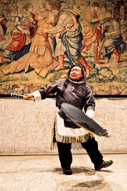 Drum dancer Matthew Nuqingag at the opening of “Creation and Transformation: Defining Moments in Inuit Art” at the Winnipeg Art Gallery / photo Leif Norman
