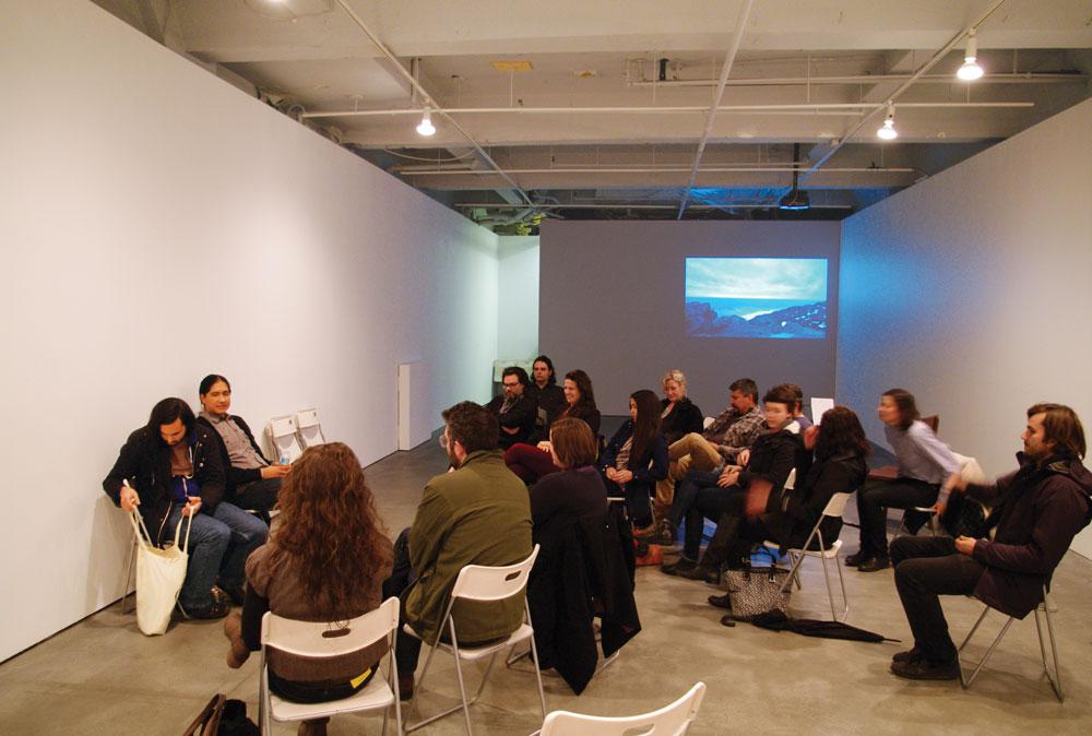 A talk by Raymond Boisjoly during Duane Linklater's exhibition &ldquo;Beothuck Building&rdquo; at Or Gallery / photo courtesy the artist, provided by Jonathan Middleton