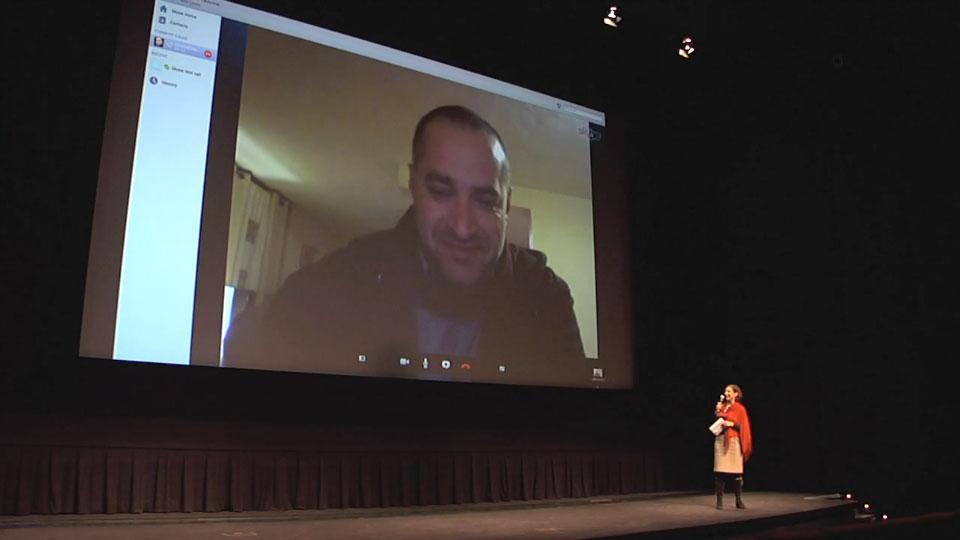 <em>Picasso in Palestine</em> producer Khaled Hourani talking from Ramallah via Skype with Art Gallery of Ontario executive director of curatorial affairs Elizabeth Smith 