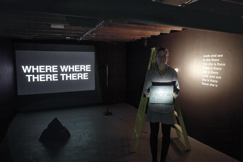 Karilynn Ming Ho <em>Where Where There There</em> 2012  HD-video projection with sound, ladder, microphone and sandbags Dimensions variable / photo M.N. Hutchinson
