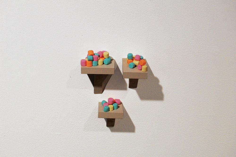 Installation view of Elisabeth Belliveau’s “If found—return to me” (detail)  2013  Hand sculpted mini marshmallows 6.3 x 5 x 5 cm overall