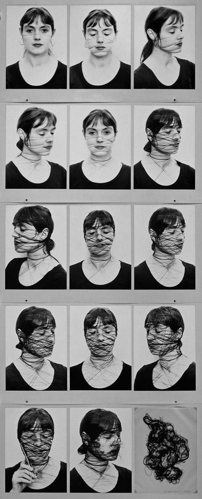 Annegret Soltau <em>Selbst / Self</em> 1975 14 Black and white photographs on barite paper, black yarn on paper, mounted on board © Annegret Soltau / Sammlung Verbund, Vienna
