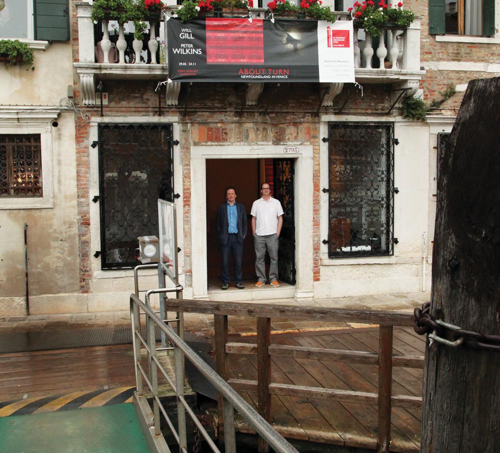 Artists Peter Wilkins and Will Gill at the entrance to Galleria Ca’ Rezzonico in Venice, June 2013 / photo Roberto Echer