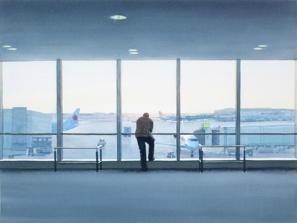 Tim Gardner <em>Man in Airport</em> 2009 Watercolor on paper 38.1 x 50.8 cm Courtesy 303 Gallery, New York