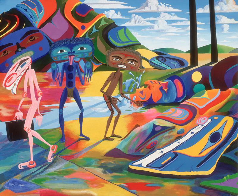 Lawrence Paul Yuxweluptun <em>The Impending Nisga’a’ Deal. Last Stand. Chump Change.</em> 1996 Acrylic on canvas 2.01 m x 2.45 m x 5.1 cm Collection Vancouver Art Gallery Photo Trevor Mills