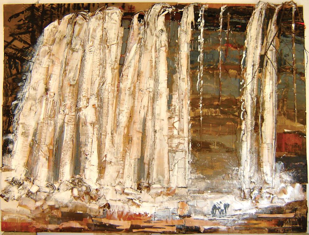 Ann Beam, <em>At the Horse Washing Waterfall (after Hokusai)</em>,  2011. Acrylic and photo-transfer on recycled corrugated paper with birch and cedar bark on panel, 2.74 x 3.65 m.