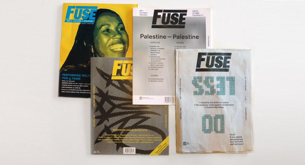 Four issues of <em>Fuse</em> magazine, with the final quarterly edition (Winter 2013–14) at lower right.