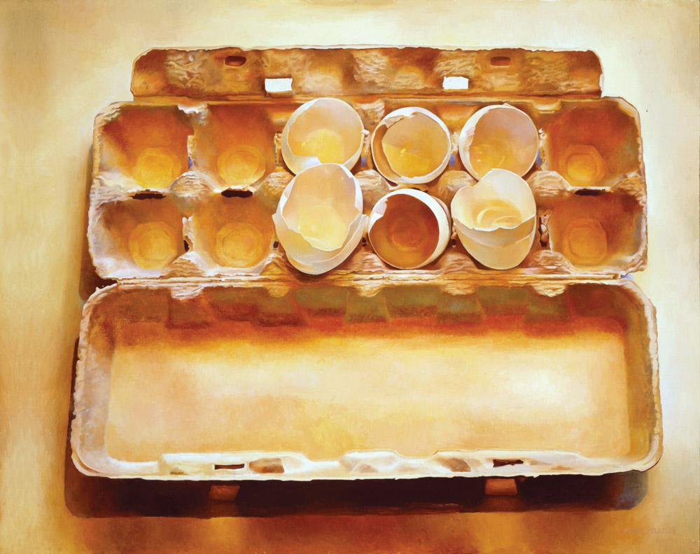 Mary Pratt, <em>Eggs in an Egg Crate</em>, 1975. Oil on Masonite, 50.8 x 61 cm. Courtesy The Rooms, Memorial University of Newfoundland Collection.