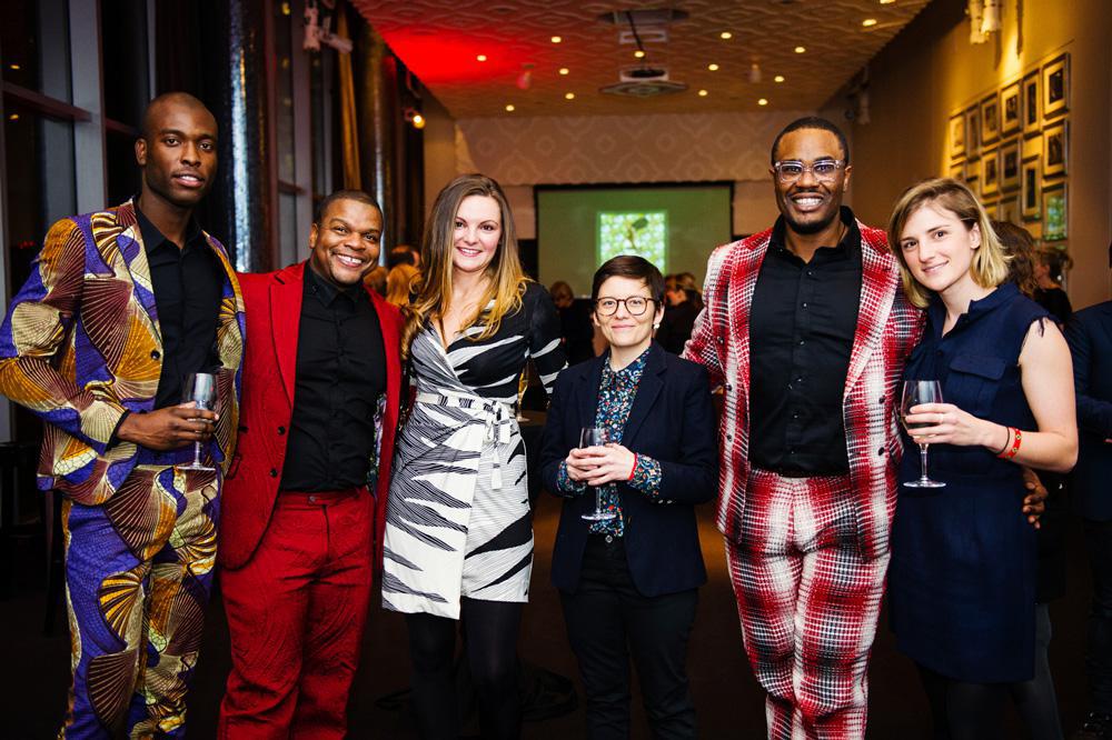 On the scene at the opening night of the Reel Artists Film Festival with the world premiere of <em>Kehinde Wiley: An Economy of Grace</em>. From left: Craig Fletcher, artist Kehinde Wiley, studio manager Meghan Clohessy, editor Ana Veselic, Rahsaan Gandy, and producer Jessica Chermayeff. Photo: Emma McIntyre.