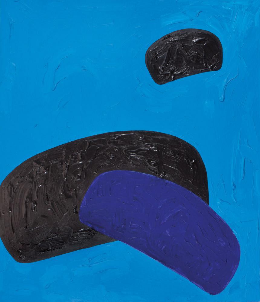 Lawrence Paul Yuxweluptun, <em>Black Ovoids in Deep Blue Sea</em>,  2013. Acrylic on canvas  1.82 x 2.13 m. Collection Eiteljorg Museum  of American Indians and Western Art.  Photo: Tad Fruits.