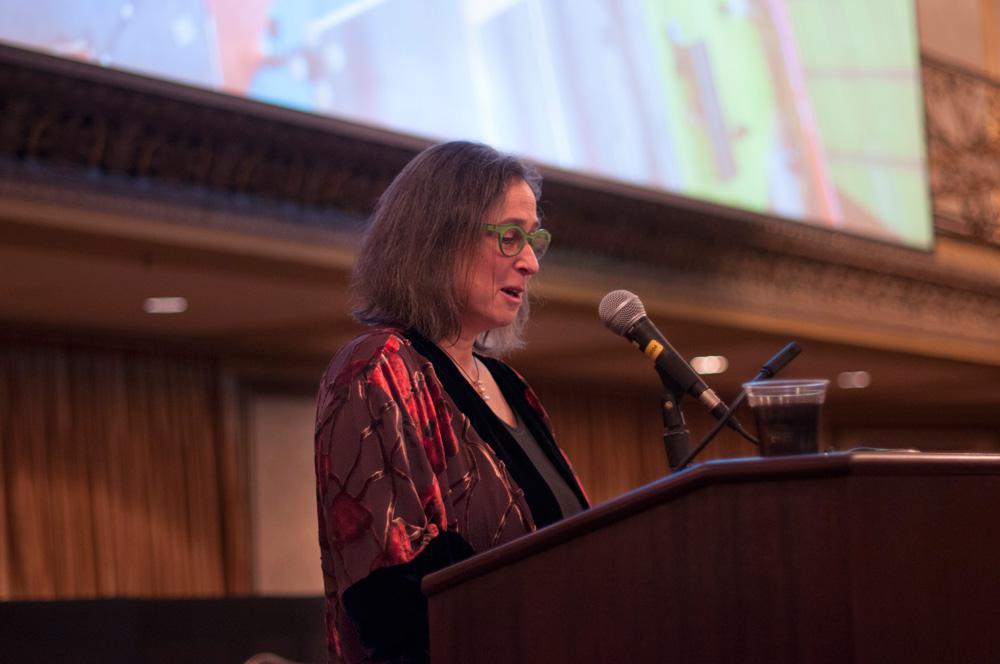 Jessica Stockholder delivers the keynote address at the College Art Association Conference in Chicago on February 12. Photo: Bradley-Marks. Courtesy CAA.