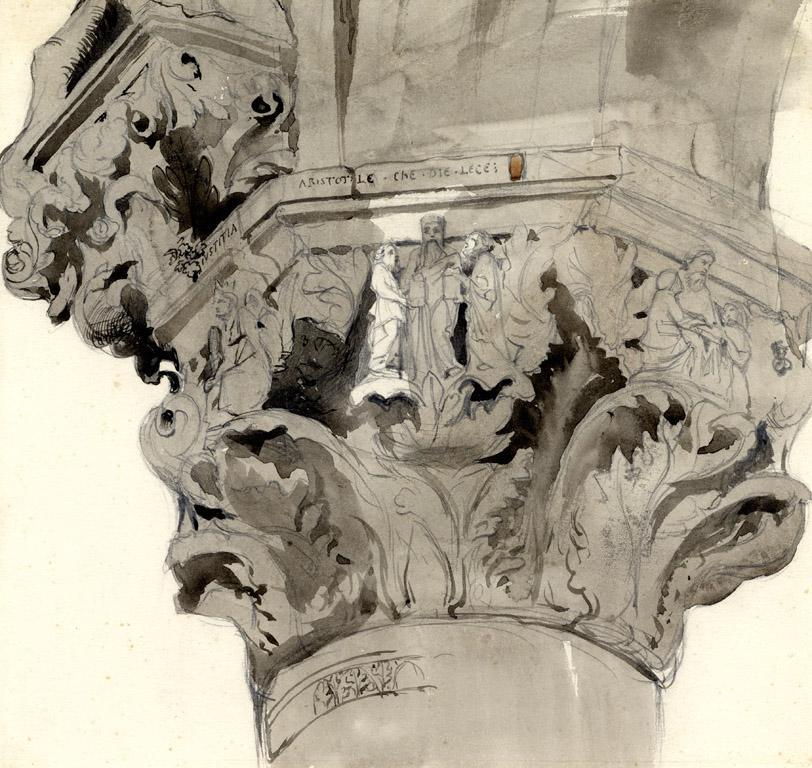 John Ruskin, <em>Capital 36 of the Ducal Palace, Venice</em>, 1849–52. Graphite and wash on white laid paper; 22.3 × 23.5 cm. Courtesy Ruskin Foundation.
