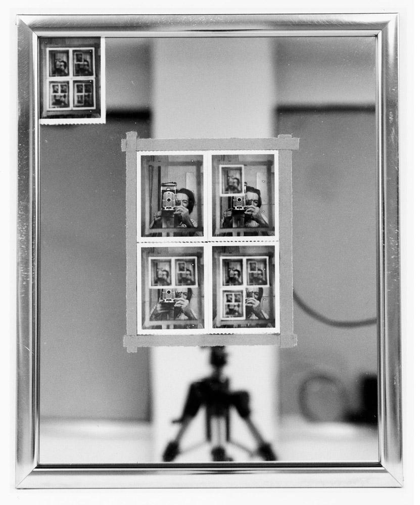 Michael Snow, <em>Authorization</em>, 1969. Five instant silver prints (Polaroid 55), adhesive tape, mirror in metal frame, 54.6 x 44.4 cm.