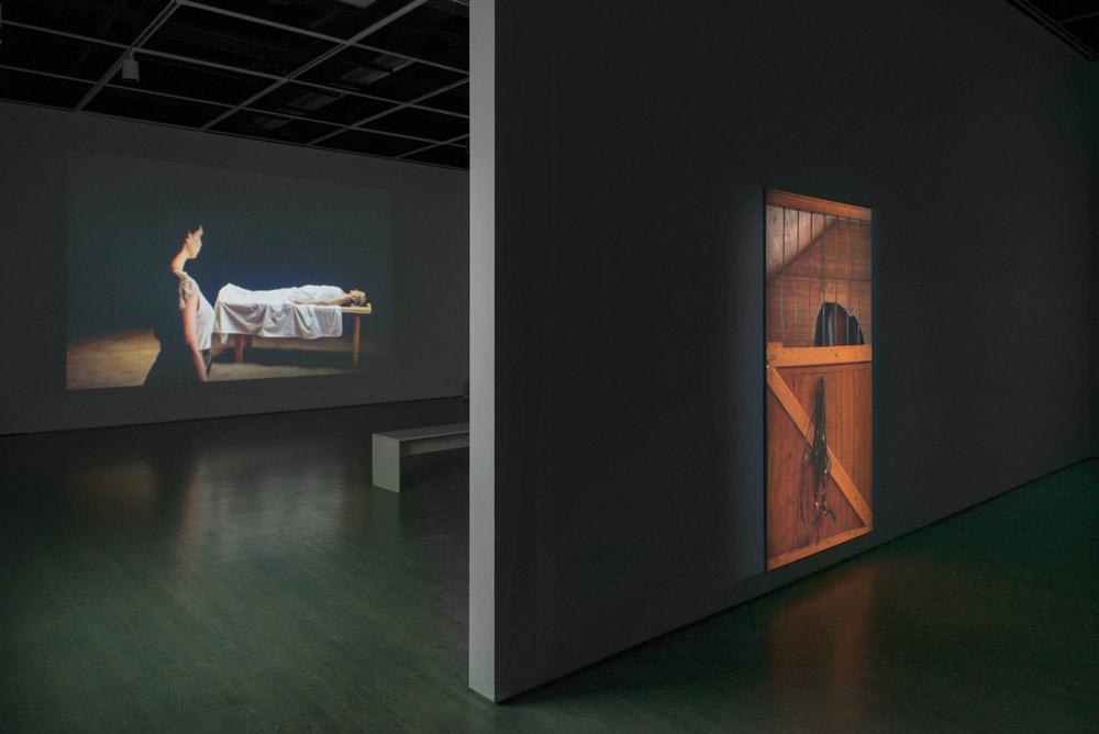 Installation view of Olivia Boudreau’s (left) <em>Femme allongée</em> (2014)  and (right) <em>Box</em> (2009). Photo: Paul Litherland.