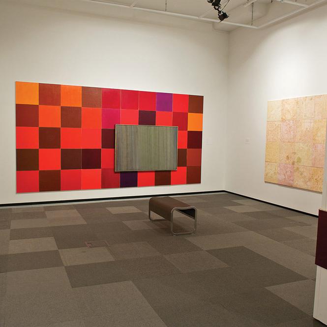 At left: Arlene Stamp, <em>From the Collection</em>, 1988. Oil on canvas, 2.28 x 4.57 m overall. Inset: William Perehudoff, <em>Untitled</em>, n.d. 109 cm x 1.67 m. Right: Arlene Stamp, <em>Plato and My Garden II</em>, 1990. Oil and egg medium acryloid and graphite on canvas, 1.83 x 2.74 m. Photo: Dave Brown.