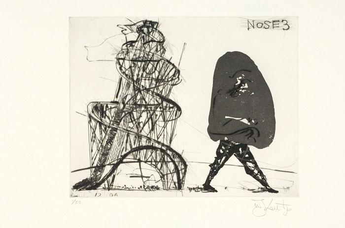 William Kentridge, <em>The Nose Opera (Nose 3)</em>, 2007. Drypoint, engraving, sugarlift aquatint, 13.7 x 15.7 in., ed of 50.