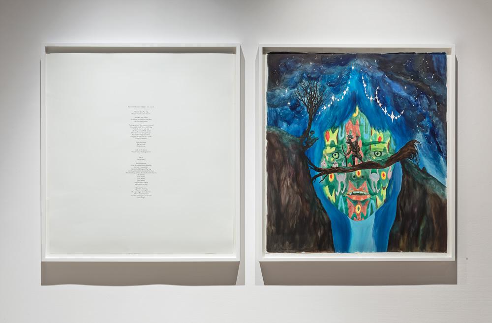 Left: Emily Vey Duke, <em>Bloodie Decides to Leave and Leaves</em>, 2008–2014. Ink on paper, 100 x 108 cm. Right: Shary Boyle, <em>Bloodie Decides to Leave and Leaves</em>, 2008. Ink, watercolour and gouache on paper, 100 x 108 cm. Courtesy of the artists. Photo: Toni Hafkenscheid.