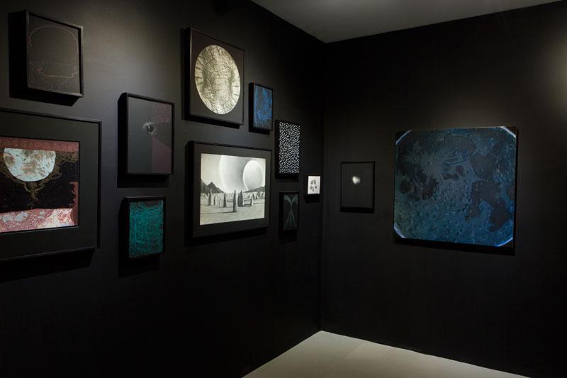 The black-painted rear gallery installation in &ldquo;Moon Room&rdquo; at Narwhal.