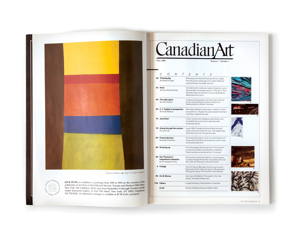 Contents page from the premiere issue of <em>Canadian Art</em>, Fall 1984. Photo: Christopher Dew.