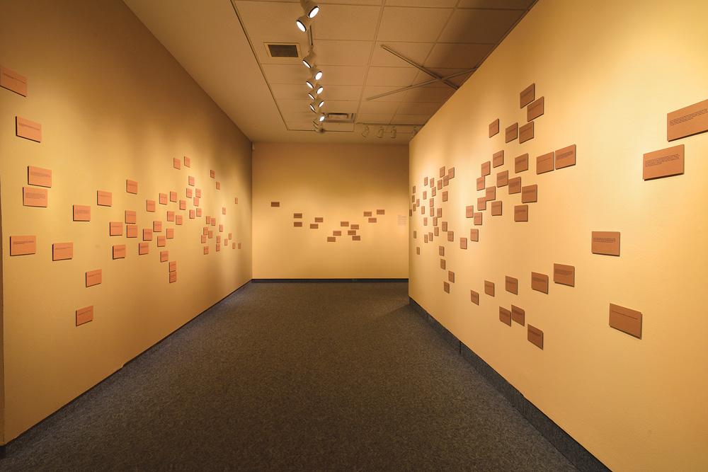 Installation view of Theo Sims's <em>A Studio</em>, 2014. Screenprinted cardstock, 10.1 x 17.7 cm each. Photo: Willy Waterton.