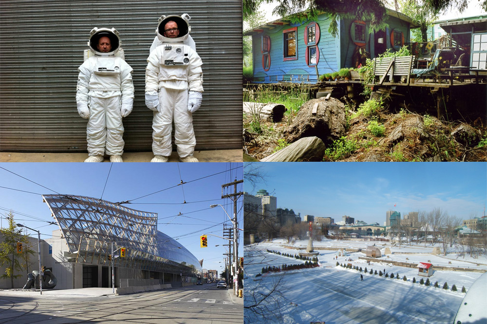 Clockwise from top left: John Wood and Paul Harrison, <em>Bored Astronauts on the Moon</em> (production still). Courtesy Carroll/Fletcher Gallery, London, UK; Carole Itter and Al Neil's cabin. Photo: Carole Itter; the Red River skating trail; the Art Gallery of Ontario. 