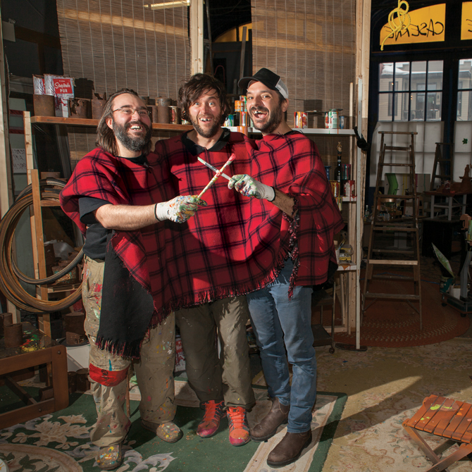 The artist collective BGL, (from left) Jasmin Bilodeau, Sébastien Giguère and Nicolas Laverdière, in their Quebec City studio, December 2014. Photo: Eric Tschaeppeler.