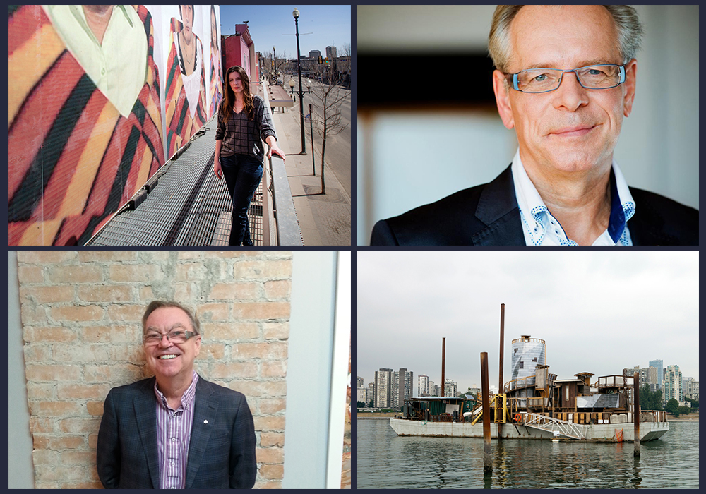 Clockwise from top left: director Tarin Hughes outside of AKA Artist-Run in Saskatoon. Photo: Greg Pender, Saskatoon StarPhoenix; Simon Brault, director and CEO of the Canada Council. Photo: Maxime Côté; Cedric Bomford, one the artists longlisted for the 2015 Sobey Art Award, in collaboration with Nathan and Jim Bamford, <em>Deadhead</em>, 2014; Jeffrey Spalding, newly appointed chief curator of the Beaverbrook Art Gallery in Fredericton.