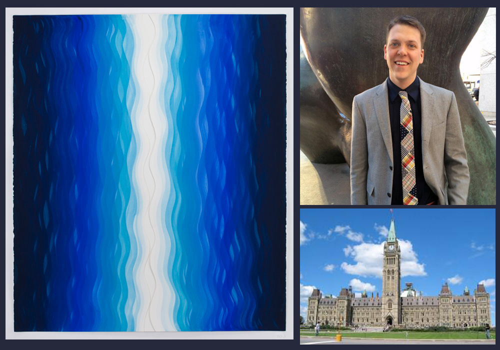 Clockwise from left: Karin Davie, <em>Liquid Life With Spine no 3 (large)</em>, 2013–13; Feature Contemporary Art Fair's new project director Stefan Hancherow; the Parliament buildings in Ottawa. Photo: Steven Dengler via Wikimedia.