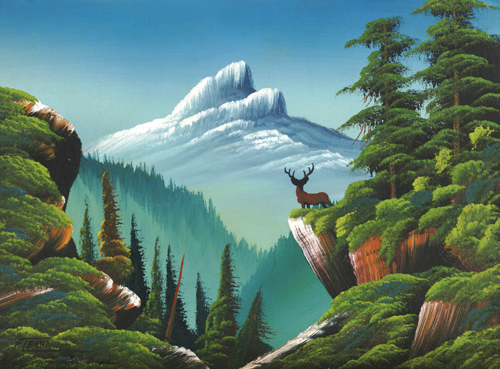 Levine Flexhaug,<em>Untitled (Mountain landscape with deer on cliff)</em>. Collection of Jerry and Ielene Jordan, Lumsden. Photo: M.N. Hutchinson.