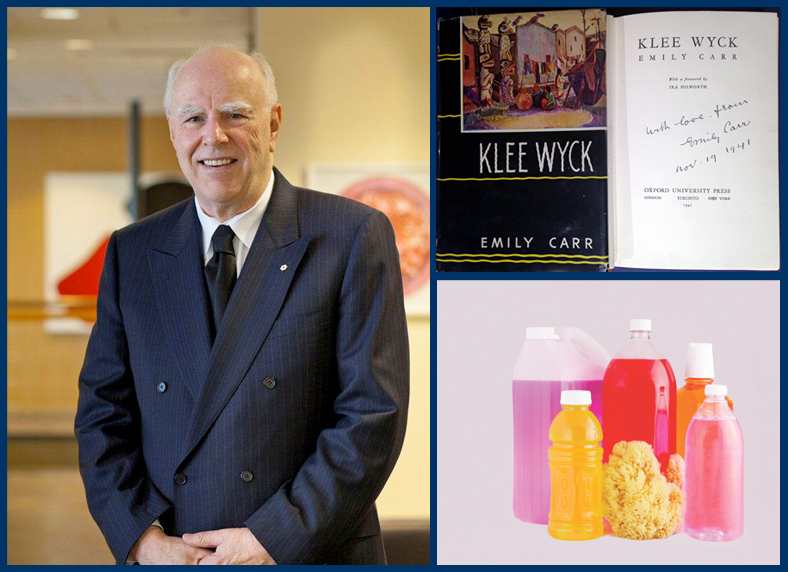 Clockwise from top left: Michael Audain, collector and philanthropist; Emily Carr's 1941 book <em>Klee Wyck</em>; Jimmy Limit, <em>Bottles with Sea Sponge and Pink (Ambiguity, Anxiety, Arrangement, Balance, Citrus, Commerce, Exotic, Fresh, Healthy, History, Hope, Isolation, Lifestyle, Malleability, Memory, Natural, Prosperity, Support, Ubiquity, Urban, Yellow)</em>, 2014. Courtesy Clint Roenisch Gallery.