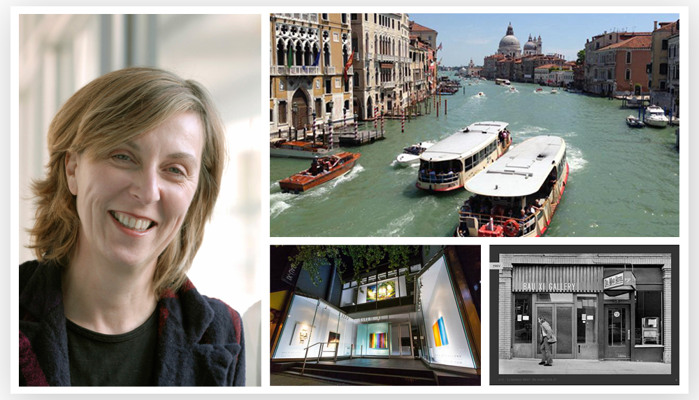 Clockwise from top left: SPA winner Angela Grauerholz; the Grand Canal in Venice. Photo: Leah Sandals; Bau-Xi Gallery's exterior in 2014. Photo: Geoff Webb; Michael de Courcy, Gerry Gilbert, Take Bluesinger and Glenn Lewis, from <em>Portrait of a City</em> (1972).