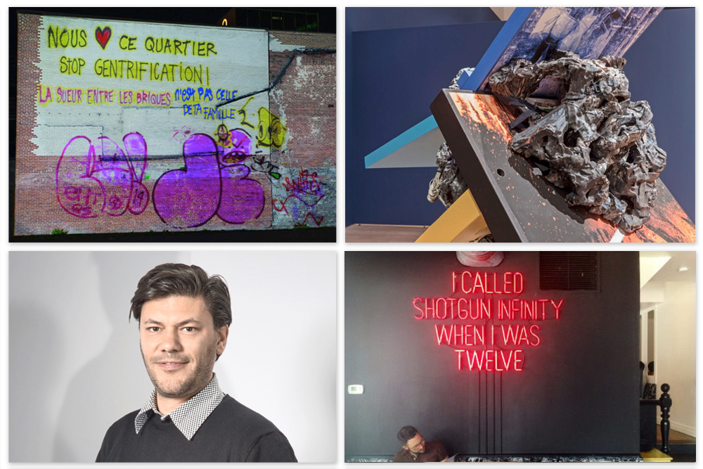 Clockwise from top left: Isabelle Hayeur sues the Biennale de Montréal for controversy surrounding the removal of her work, <em>Murs aveugles</em>, 2014. Veronika Horlik announced winner of the RBC Emerging Artist People's Choice Award for the work <em>PROUNS (SLASH)</em>, 2015. Wall decoration at Old School restaurant in Toronto, which closely resembles Kelly Mark's <em>I Called Shotgun Infinity When I Was Twelve</em>, 2006. Philippe Pirotte announced curator of the 2016 Biennale de Montréal.