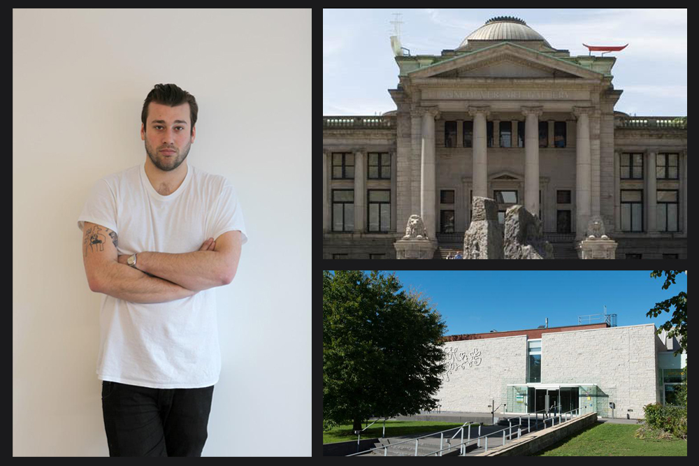 Clockwise from left: artist Hugh Scott-Douglas. Courtesy Blum and Poe, Los Angeles; view of the Vancouver Art Gallery. Courtesy the Vancouver Art Gallery; view of the Agnes Etherington Art Centre. Photo: Paul Litherland.