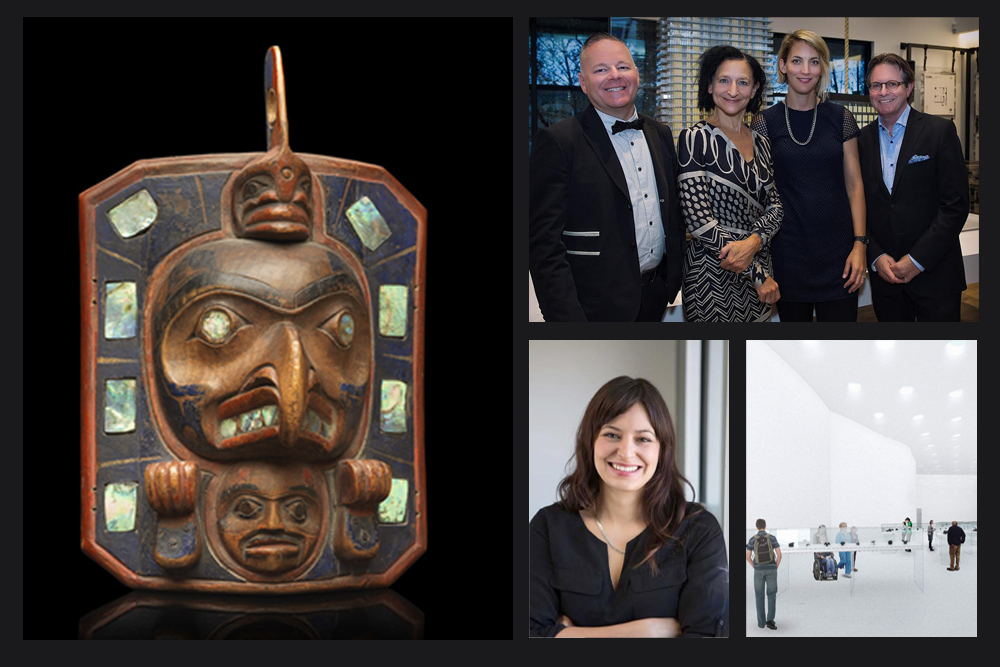 Images clockwise from left: Kwakwaka’wakw or Wuikinux artist (attributed to), Thunderbird frontlet, ca. 1850–80. Collection of the Vancouver Art Gallery, Gift from the Collection of George Gund III. Photo: Trevor Mills; Tim Jones, Artscape CEO; Dr. Sara Diamond, OCAD University President; Rebecca Carbin, Waterfront Toronto Public Art Program Manager; and Tom Dutton, the Daniels Corporation Senior Vice-President at the Daniels Waterfront announcement. Photo: Linda M. Stella; Digital rendering of the Winnipeg Art Gallery's Inuit Art Centre. Courtesy Michael Maltzan Architecture; Candice Hopkins.
