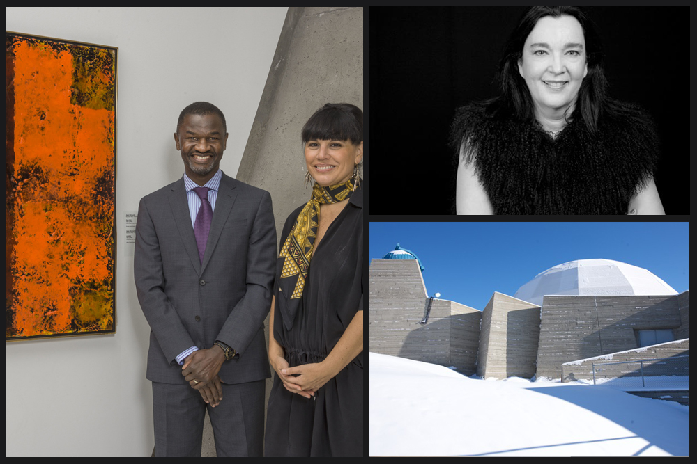 Images clockwise from left: Chirfi Guindo, president and managing director of Merck Canada Inc. and Nathalie Bondil, director and chief curator of the Montreal Museum of Fine Arts with the painting by Jean McEwen. Photo: CNW Group/Merck Canada Inc.; Chantal Pontbriand. Photo: Richard-Max Tremblay; the Centennial Planetarium, future home of Contemporary Calgary.