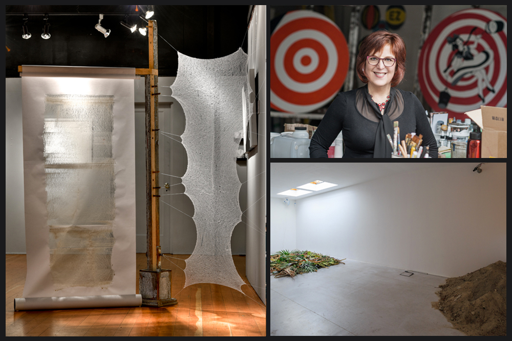 Images clockwise from left: Corrie Peters, <em>Building (All the rooming houses on my street have had their front door removed)</em>, 2015. Photo: David Borrowman; Sandra Meigs. Photo: Michelle Alger; Abbas Akhavan, <em>Study for a Curtain</em> (installation view at the Third Line, Dubai), 2015.