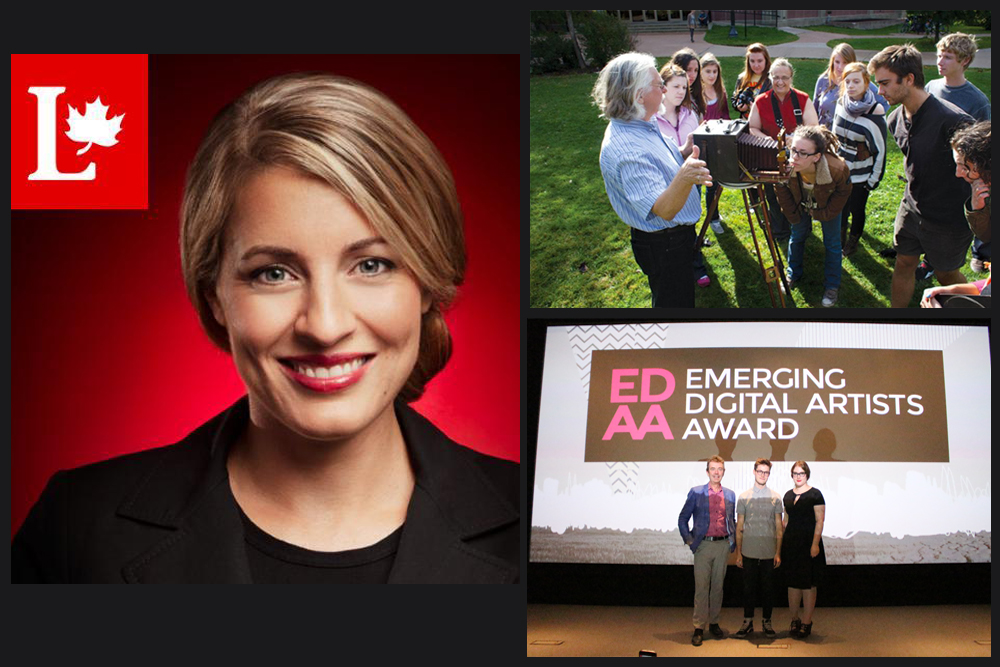 Images clockwise from left: Mélanie Joly, minister of Canadian heritage; Thaddeus Holownia with a second-year Mount Allison University photo class. Photo: Andrew Tolson; Colin Rosati at the inaugural Emerging Digital Artist Awards.