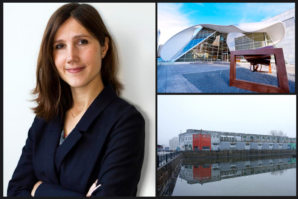 Clockwise from left to right: Frances Loeffler, the new curator of Oakville Galleries; the Art Gallery of Alberta’s outdoor sculpture terrace. Photo: Jimmy Jeong; Hangar 16, the new location of Papier16. Photo: Jeanne Castonguay.