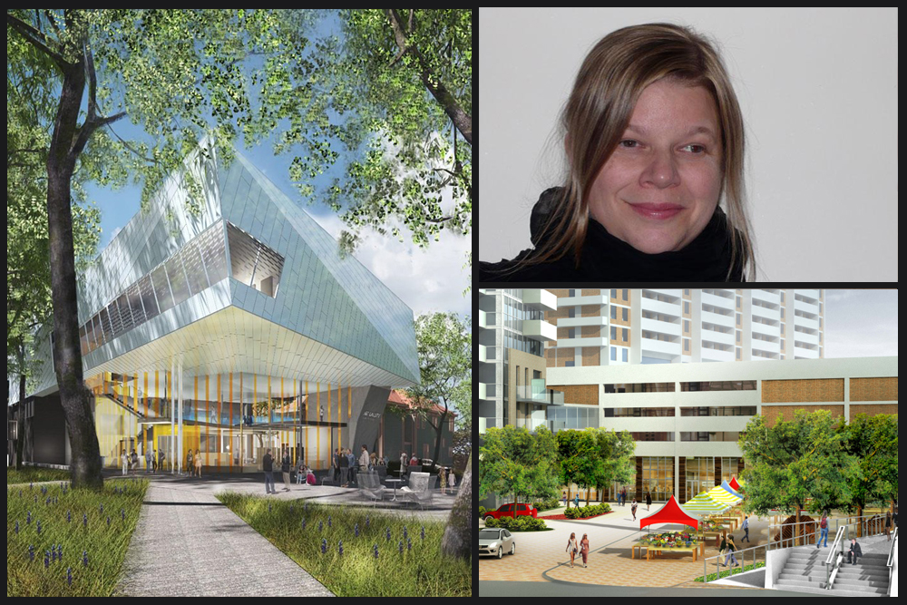 Images clockwise from left: a rendering of the Art Gallery of Greater Victoria’s addition. Image: Lang Wilson Practice in Architecture Culture Inc.; curator Kitty Scott; rendering of the Artscape Weston project. 